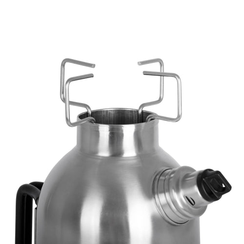 Close-up of a handcrafted stainless steel fire kettle’s top with integrated pot supports and screw-on spout cap, designed for outdoor use in Farm, Garden & Tool, Camping, Emergency Supplies, and Best Sellers collections.