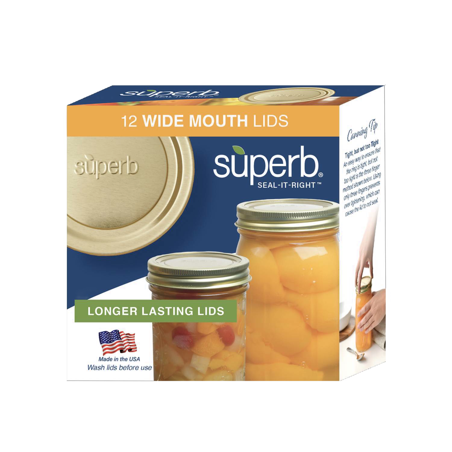 Packaging of 12 wide mouth canning jar lids embossed with "superb," featuring BluSeal™ integrity for secure, long-lasting sealing, made in USA, ideal for Kitchen & Food and Food Preservation collections.