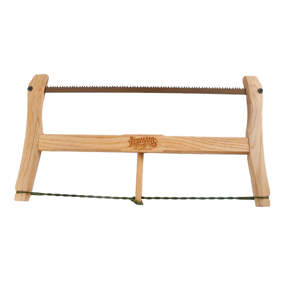 Wood-cutting bow saw with high-carbon steel blade and handcrafted wooden frame, designed for sustainable use and featured in Farm, Garden & Tool and Wood Cutting collections.