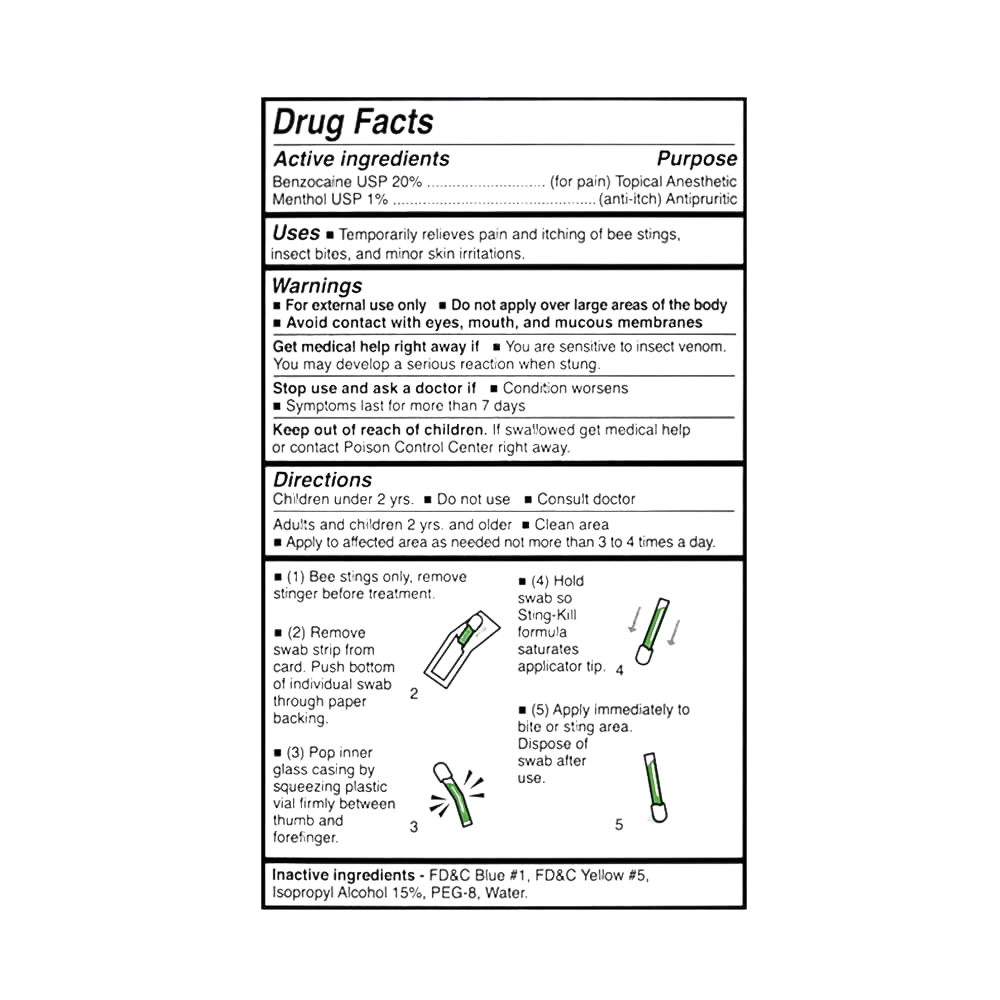Close-up of drug facts and usage instructions for Sting Kill disposable swabs, showing ingredient details and application guidance, ideal for Health & Wellness and USA Made collections.