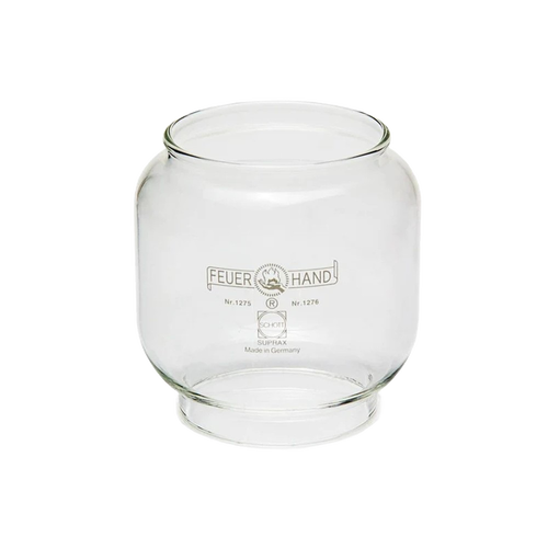 Clear replacement glass globe for lanterns, featuring durable design and marked branding, ideal for camping, emergency supplies, and outdoor lighting needs.