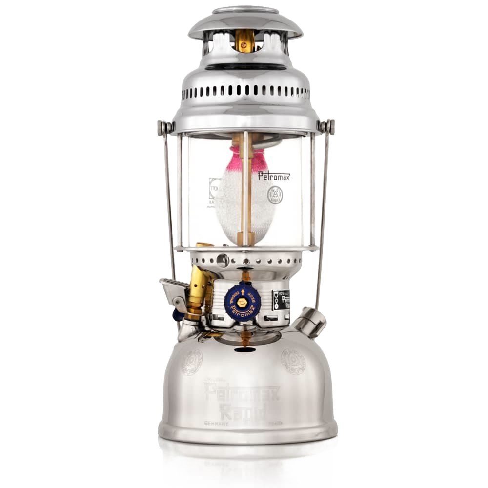 Classic stainless steel kerosene pressure lamp with glass globe and fabric mantle, designed for bright outdoor illumination in camping, emergency supplies, and farm tool collections.