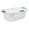 White plastic laundry basket with ventilated sides and teal grip handles, designed for comfortable carrying and ease of use in laundry tasks, made in USA and featured in home and laundry supplies collections.