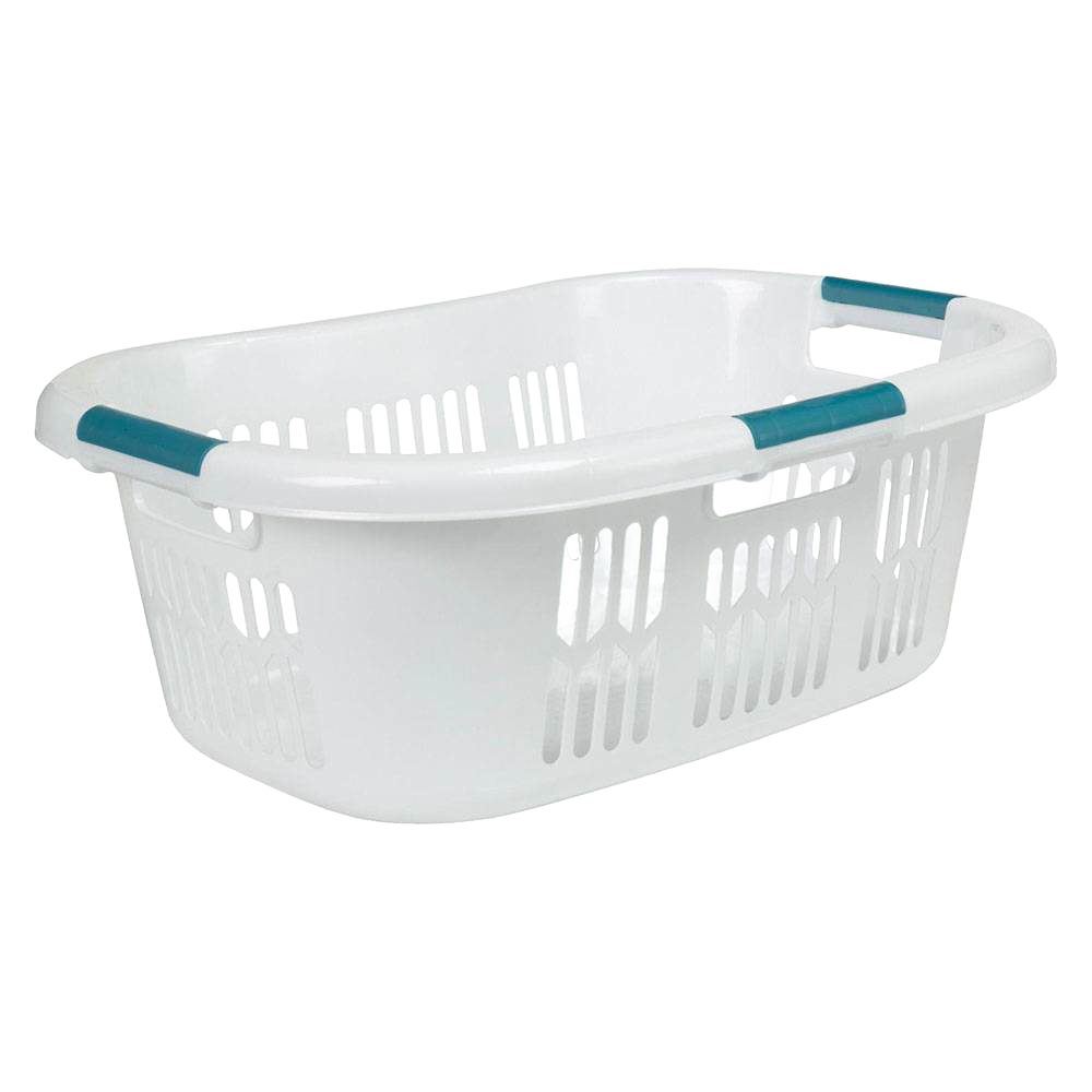 White plastic laundry basket with ventilated sides and teal grip handles, designed for comfortable carrying and ease of use in laundry tasks, made in USA and featured in home and laundry supplies collections.