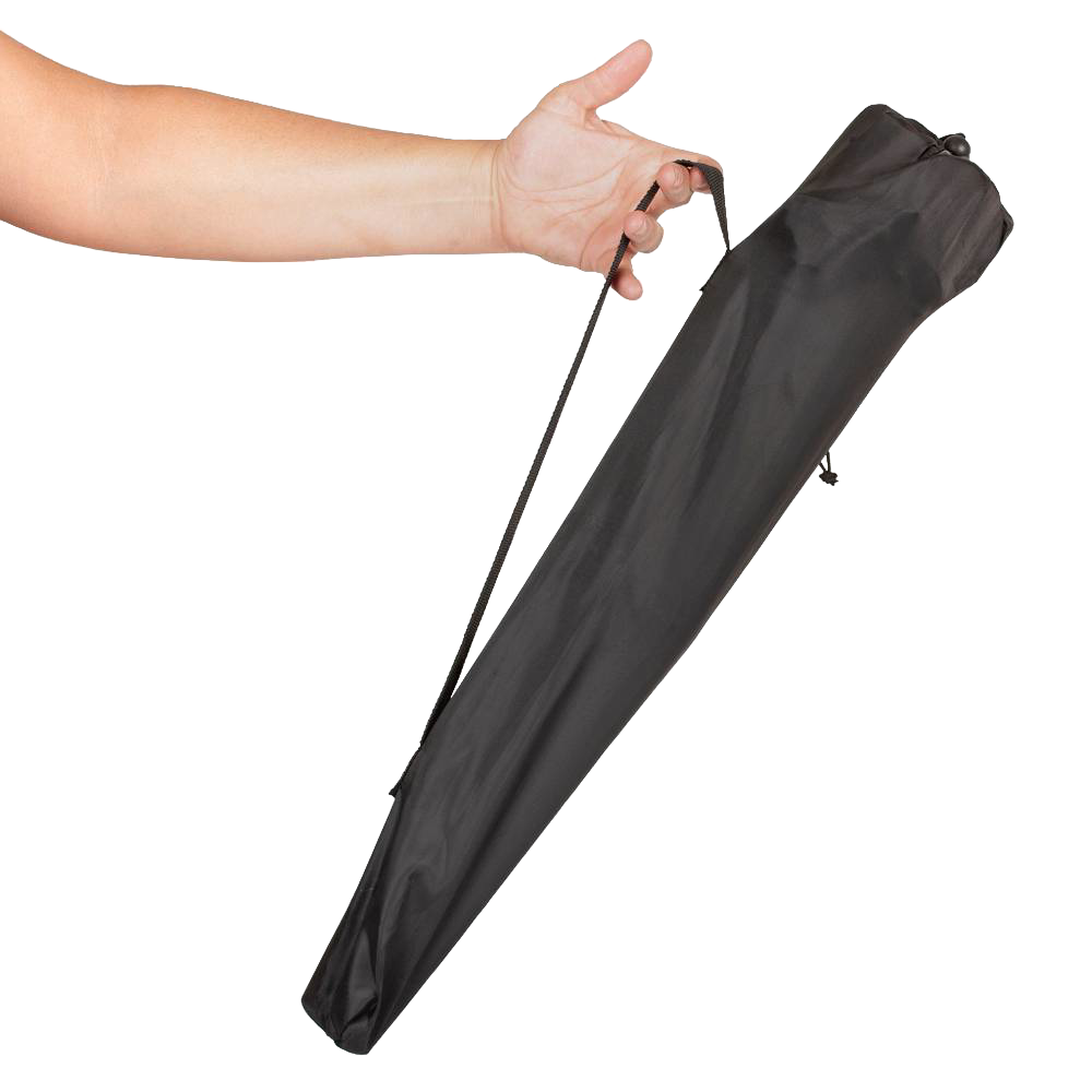 Hand holding black carrying case with shoulder strap for a compact four-legged folding camping stool, ideal for Farm, Garden & Tool, Camping, Best Sellers, Promo Eligible, and Sale collections.