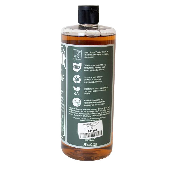 Amber bottle of handcrafted concentrated castile soap with eco-friendly icons and natural plant-based ingredients, highlighting USA made quality for health, grooming, and soapmaking collections.
