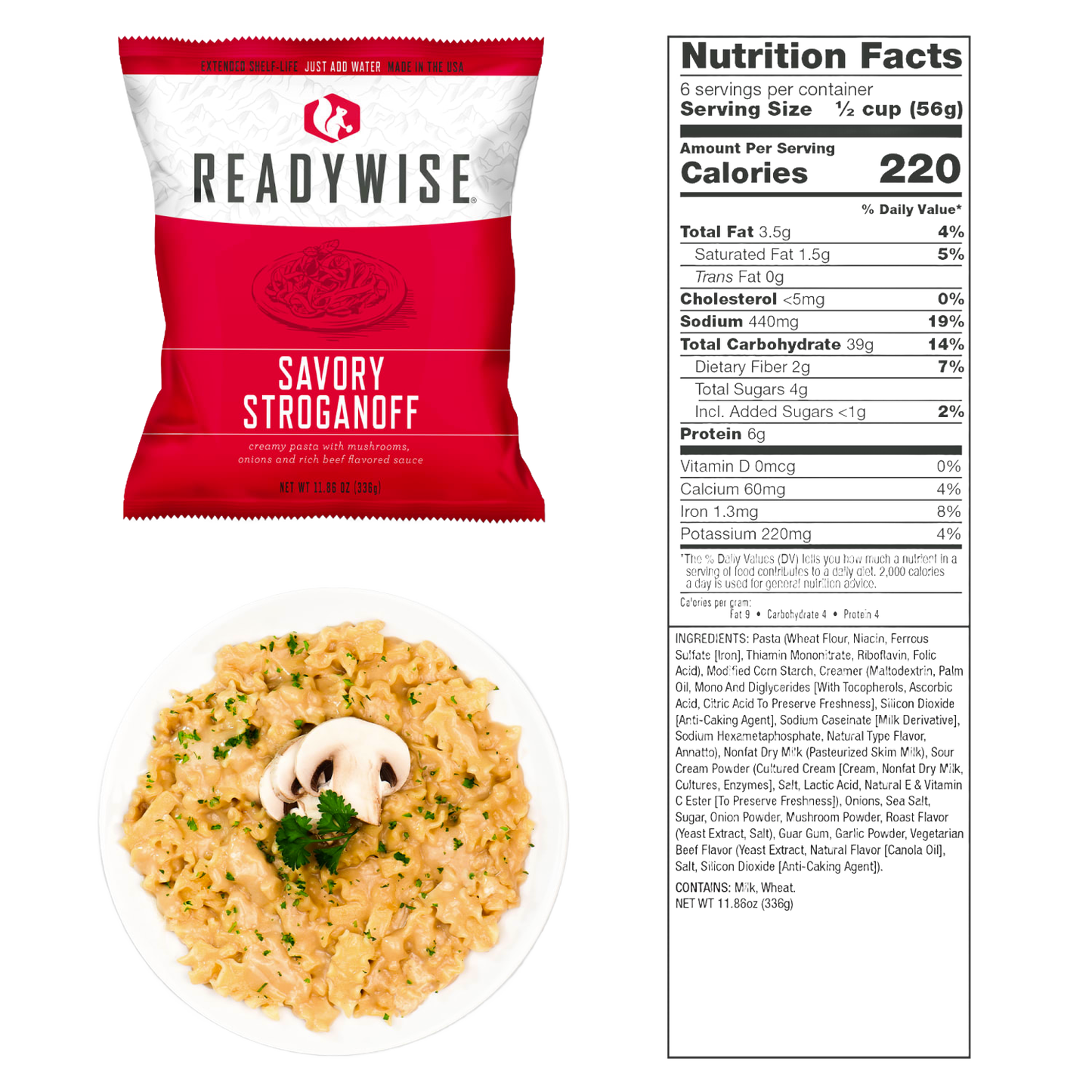 ReadyWise savory stroganoff package displayed with a plated serving of creamy stroganoff garnished with mushroom and parsley, accompanied by nutrition facts, made in USA, suitable for emergency supplies, pantry, kitchen, and farm collections.
