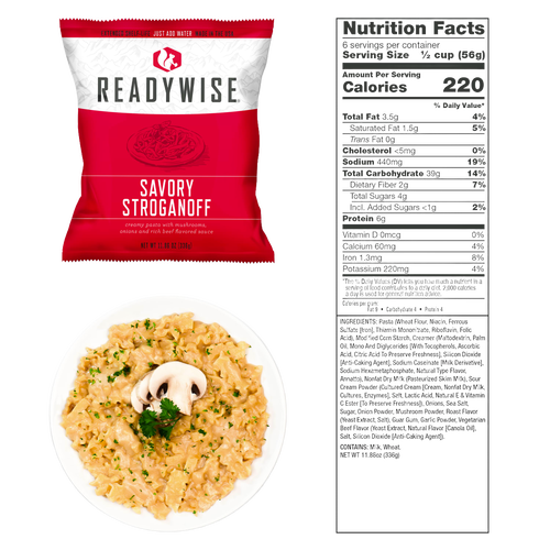 ReadyWise savory stroganoff package displayed with a plated serving of creamy stroganoff garnished with mushroom and parsley, accompanied by nutrition facts, made in USA, suitable for emergency supplies, pantry, kitchen, and farm collections.