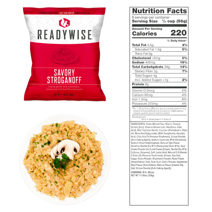 ReadyWise savory stroganoff package displayed with a plated serving of creamy stroganoff garnished with mushroom and parsley, accompanied by nutrition facts, made in USA, suitable for emergency supplies, pantry, kitchen, and farm collections.