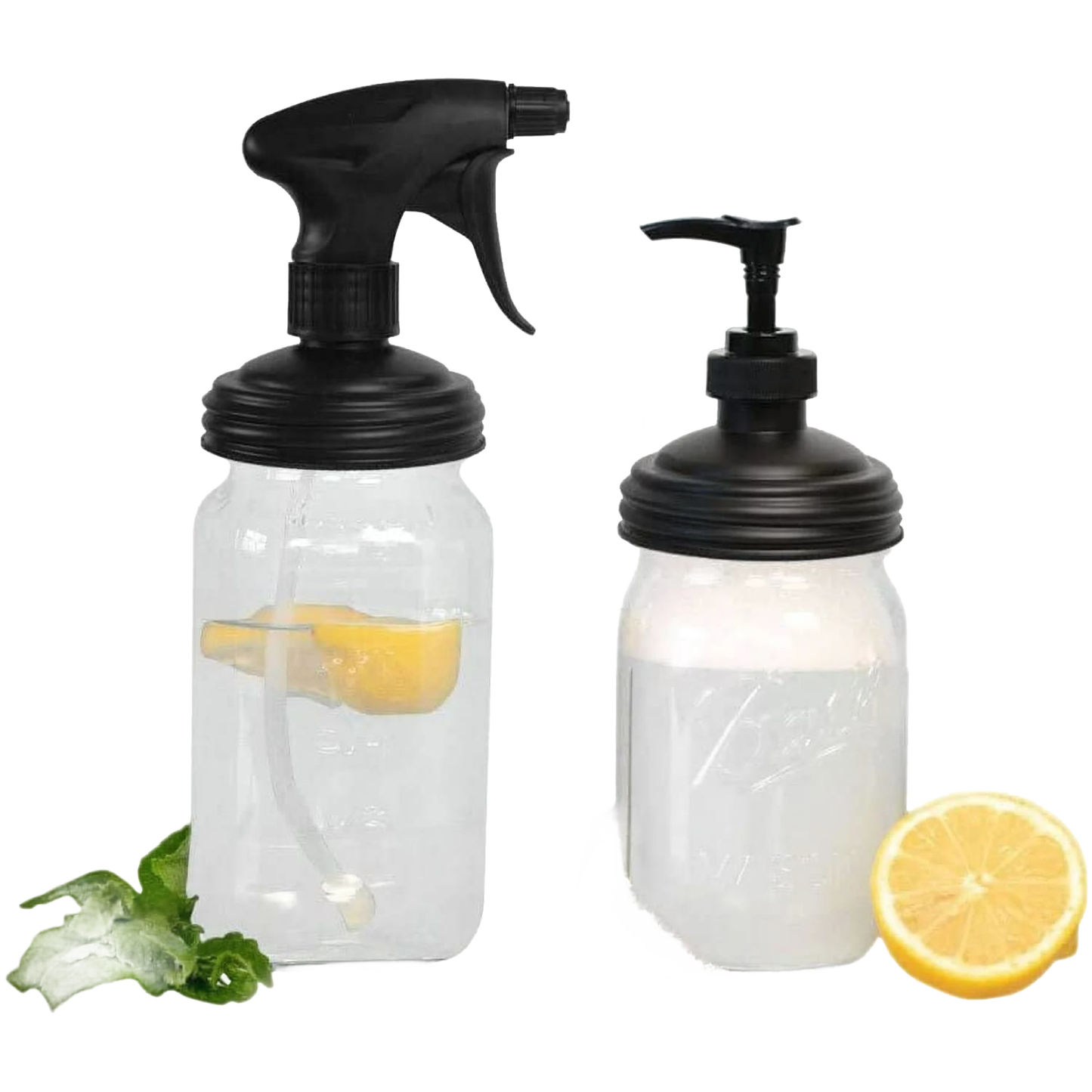 Set of two reusable no-break plastic jar lids with black sprayer and pump tops, displayed with lemon and mint, designed for Home & Decor, Household Helpers, USA Made, Best Sellers collections.