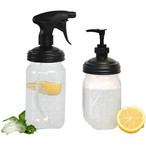 Set of two reusable no-break plastic jar lids with black sprayer and pump tops, displayed with lemon and mint, designed for Home & Decor, Household Helpers, USA Made, Best Sellers collections.