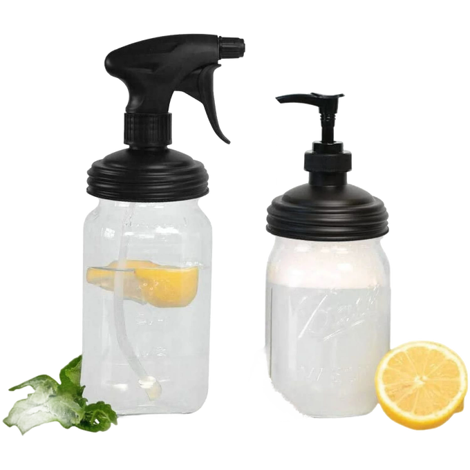 Set of two reusable no-break plastic jar lids with black sprayer and pump tops, displayed with lemon and mint, designed for Home & Decor, Household Helpers, USA Made, Best Sellers collections.