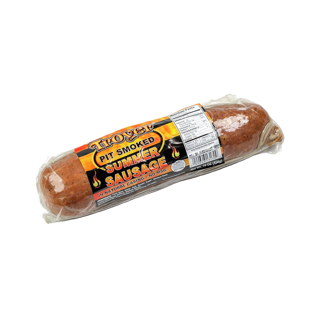 Vacuum-sealed, pit smoked summer sausage crafted in USA with a blend of pork and beef, ideal for Kitchen & Food, Snacks and Sweets, Pantry, Meats, USA Made, and Best Sellers collections.