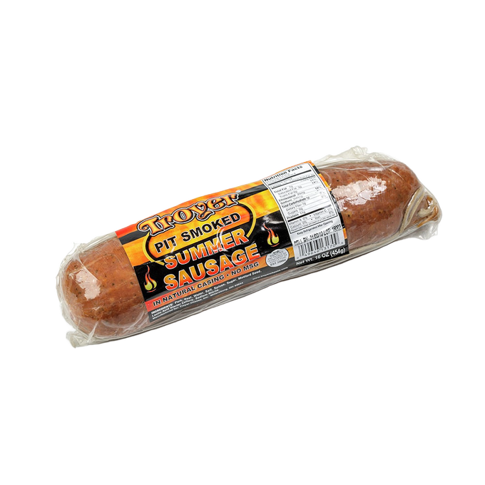 Vacuum-sealed, pit smoked summer sausage crafted in USA with a blend of pork and beef, ideal for Kitchen & Food, Snacks and Sweets, Pantry, Meats, USA Made, and Best Sellers collections.