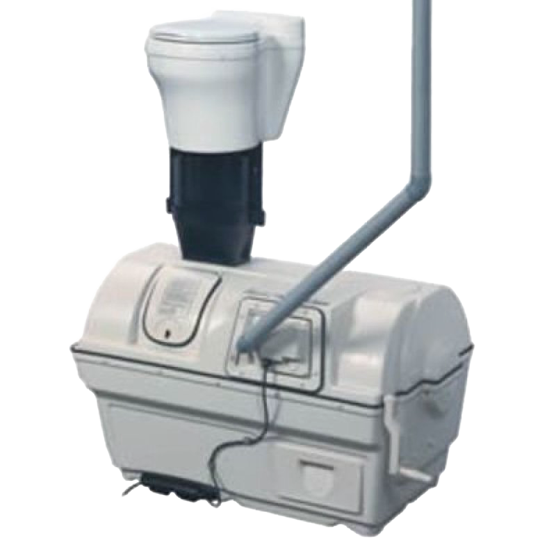 Compact air-flow composting toilet system with white ceramic bowl and integrated vent pipe, designed for water-free waste management, featured in Appliances and Composting Toilets collections.