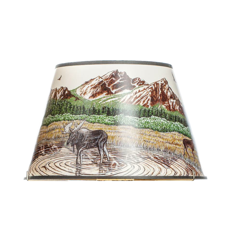 Handcrafted parchment oil lamp shade featuring a detailed Rocky Mountain scene with moose and forest, ideal for Lamps & Lighting, Parts and Accessories, and Lamp Shades collections.