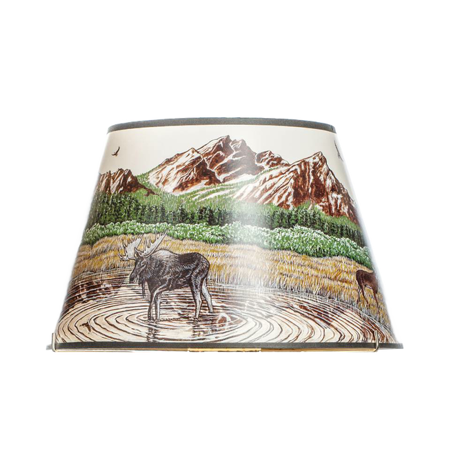 Handcrafted parchment oil lamp shade featuring a detailed Rocky Mountain scene with moose and forest, ideal for Lamps & Lighting, Parts and Accessories, and Lamp Shades collections.