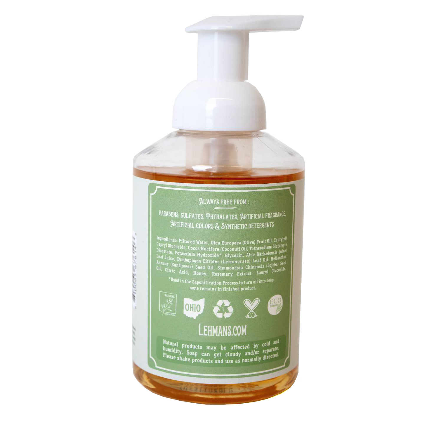 Clear pump bottle of handcrafted moisturizing foaming hand soap featuring a natural castile formula with olive, jojoba, coconut, sunflower oils, and honey, made in USA, ideal for Health & Wellness and Grooming collections.