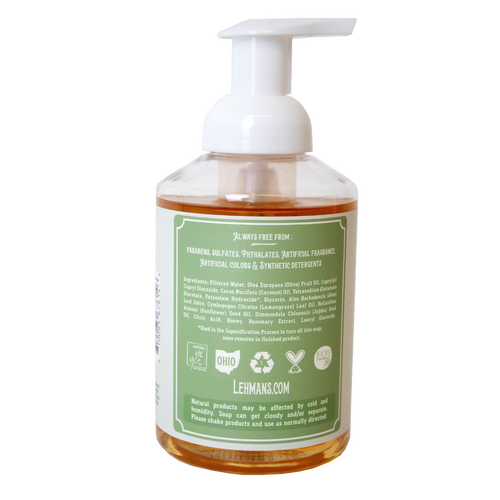 Clear pump bottle of handcrafted moisturizing foaming hand soap featuring a natural castile formula with olive, jojoba, coconut, sunflower oils, and honey, made in USA, ideal for Health & Wellness and Grooming collections.