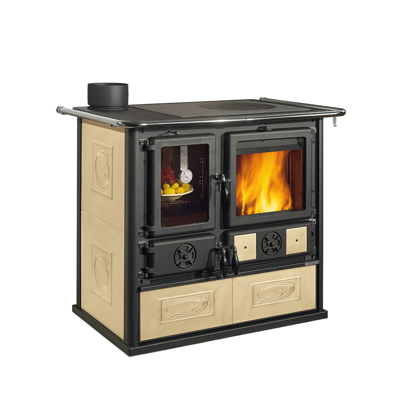Reverse design wood cook stove with beige natural stone exterior, dual glass doors showing fire and oven cavity, metal top grate, ideal for Stoves, Cookstoves, Best Sellers, and All Stoves & Appliances collections.