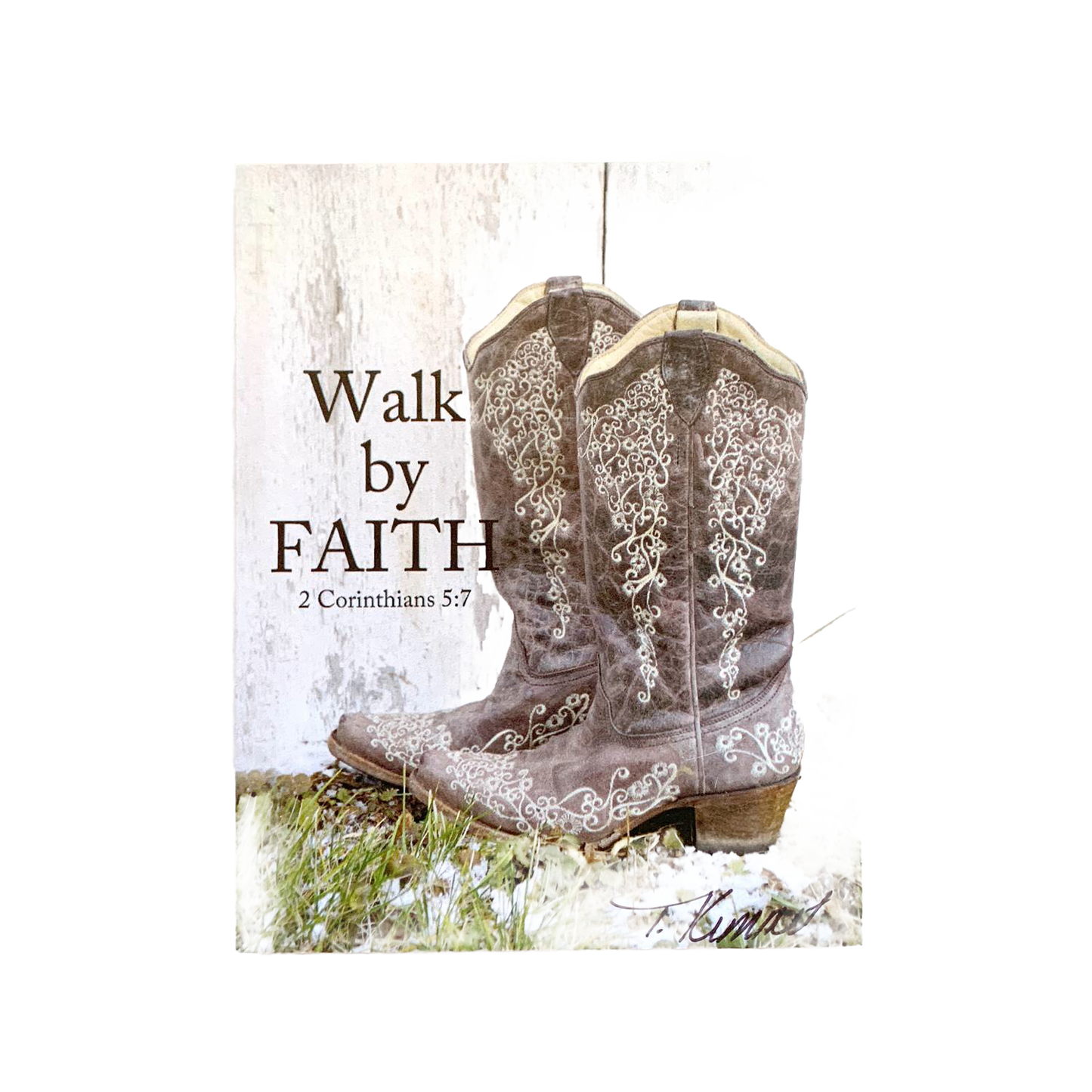 Handcrafted 5"x7" plaque featuring rustic brown embroidered cowboy boots against weathered white wood with the Bible verse “Walk by Faith” from 2 Corinthians, ideal for Home & Decor, Best Sellers, and Promo Eligible collections.