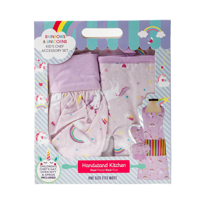 Colorful boxed set featuring a youth apron, chef hat, and oven mitt with rainbows and unicorns design, perfect for kids’ cooking and arts projects in Kitchen & Food and Children’s Toys collections.