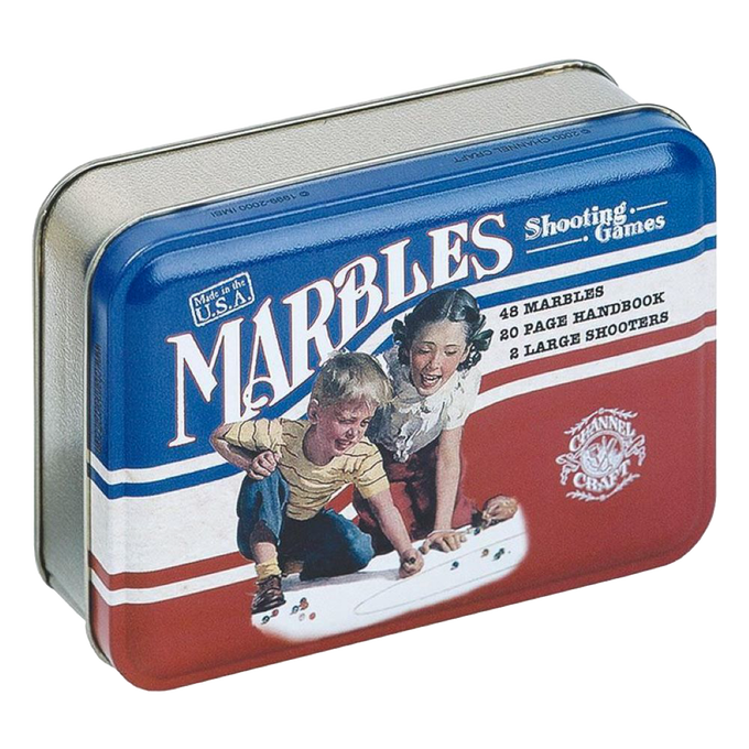 Rectangular handcrafted tin featuring vintage-style artwork of children playing marbles, containing 48 marbles, two large shooters, and a 20-page instruction handbook, made in USA, part of Toys, Books & Games, USA Made, Children's Toys, Games and Puzzles, Table and Board Games, Best Sellers, and Promo Eligible collections.