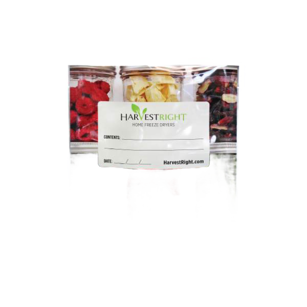 Clear 8x12 mylar bag with writable label filled with red, yellow, and green freeze-dried food, suited for Farm, Garden & Tool, Kitchen & Food, Emergency Supplies, and Food Preservation collections.