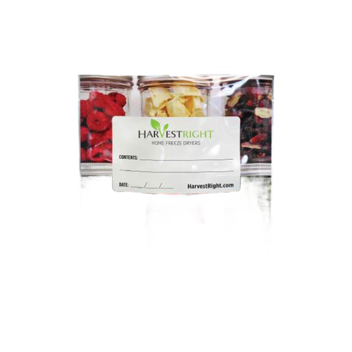 Clear 8x12 mylar bag with writable label filled with red, yellow, and green freeze-dried food, suited for Farm, Garden & Tool, Kitchen & Food, Emergency Supplies, and Food Preservation collections.