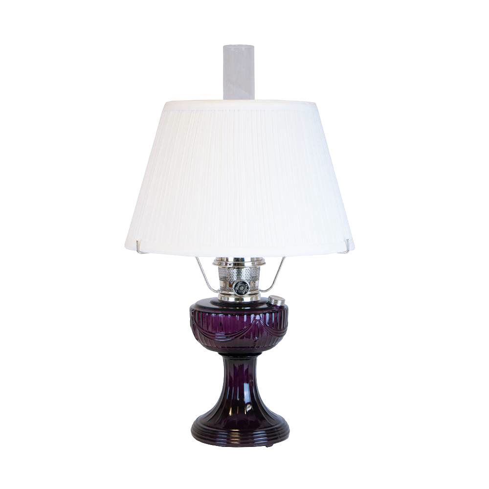 Handcrafted amethyst oil lamp with classical Lincoln Drape font design, topped with 14-inch white pleated cloth shade and tripod base, featured in Lamps & Lighting and Best Sellers collections.