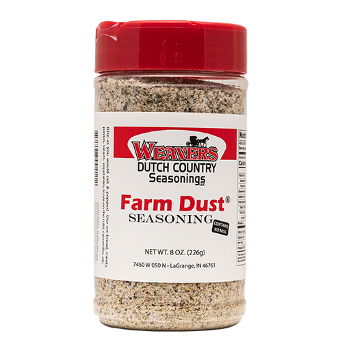 Clear shaker bottle with red lid filled with handcrafted Farm Dust seasoning blend, made in USA, ideal for Kitchen & Food, Food, Pantry, USA Made, Best Sellers, and Promo Eligible collections.