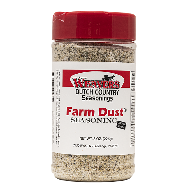 Clear shaker bottle with red lid filled with handcrafted Farm Dust seasoning blend, made in USA, ideal for Kitchen & Food, Food, Pantry, USA Made, Best Sellers, and Promo Eligible collections.
