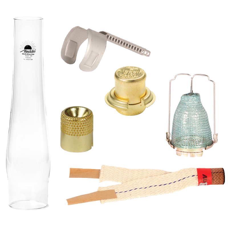 Complete set of lamp parts including glass chimney, burner collar, wick, mantle, flame spreader, and brass components designed for long-lasting use with oil lamps, featured in Lamps & Lighting, Parts and Accessories, Wicks and Mantles, Chimneys and Globes, Lamp Burners and Collars, Other Parts, Best Sellers, and Promo Eligible collections.