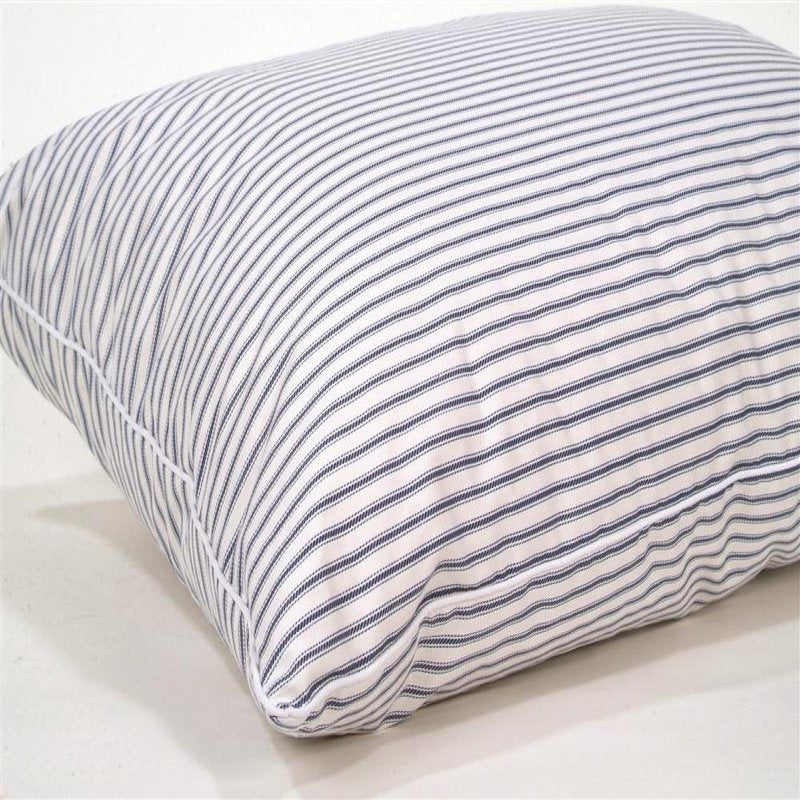 Plump pillow with finely striped blue and white ticking cover, generously filled with premium down, perfect for adding comfort to Home & Decor, Home Textiles, and Best Sellers collections.