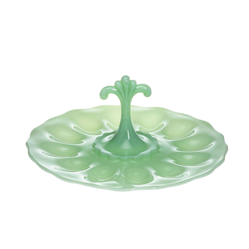Handcrafted green milk glass egg plate with decorative central handle, designed to hold 12 eggs, ideal for Kitchen & Food, Storage and Serving, USA Made, Best Sellers, and Promo Eligible collections.
