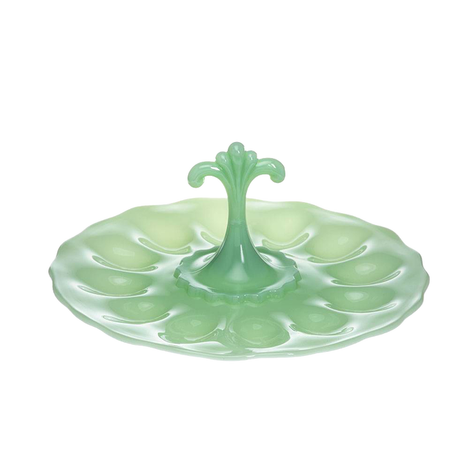 Handcrafted green milk glass egg plate with decorative central handle, designed to hold 12 eggs, ideal for Kitchen & Food, Storage and Serving, USA Made, Best Sellers, and Promo Eligible collections.