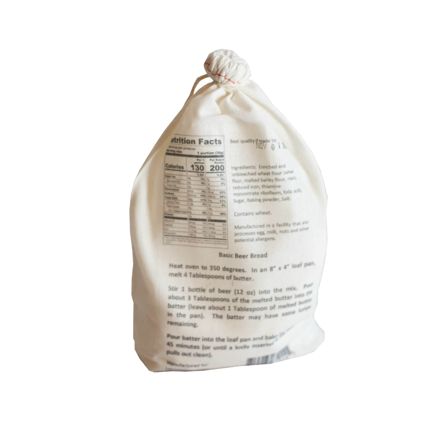 Natural cotton drawstring bag containing handcrafted Basic Beer Bread mix with baking instructions and nutrition facts, perfect for Kitchen & Food, Pantry, Dry Goods and Mixes, Best Sellers, and Promo Eligible collections.