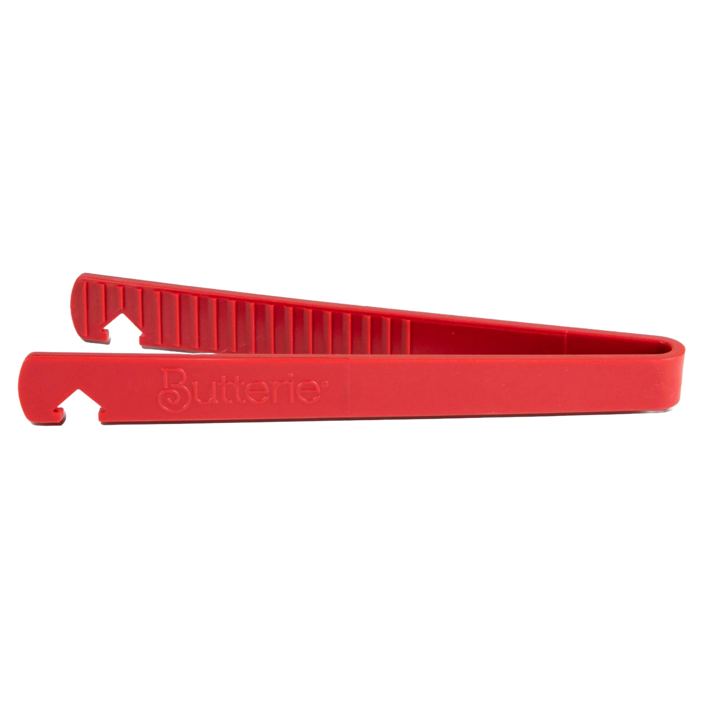 Side view of a red silicone toaster tong with serrated gripping teeth and integrated hook, designed for safe heat handling, featured in Kitchen & Food, Kitchen Gadgets, and Cooking and Baking Helpers collections.