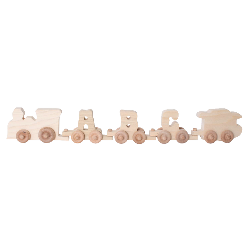 Handcrafted natural wood train with five connected cars featuring alphabet letters, Amish made in the USA, ideal for indoor play and part of children's toys and wooden toys collections.
