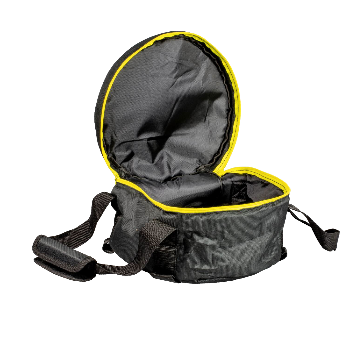 Black padded tote with weather-resistant polyester and yellow trim, featuring sturdy straps and a self-healing zipper, designed for carrying and storing cookware in camping and kitchen settings.