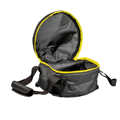 Black padded tote with weather-resistant polyester and yellow trim, featuring sturdy straps and a self-healing zipper, designed for carrying and storing cookware in camping and kitchen settings.