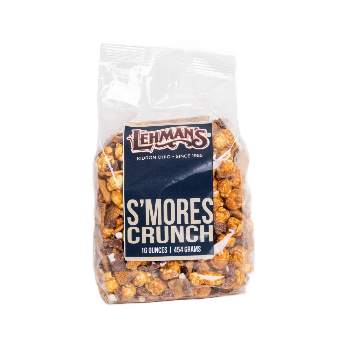 Clear bag of handcrafted caramel popcorn featuring s'mores flavor with chocolate and marshmallow pieces, a unique sweet and crunchy snack made in USA, ideal for Kitchen & Food, Snacks and Sweets, Popcorn, USA Made, Best Sellers, and Promo Eligible collections.