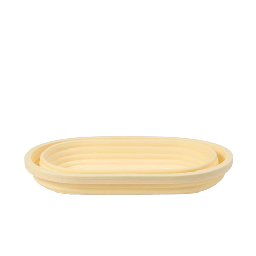 Oval collapsible bread proofing basket made of durable silicone with steel rim, designed for shaping and rising dough while saving storage space, ideal for Kitchen & Food and Baking Supplies collections.