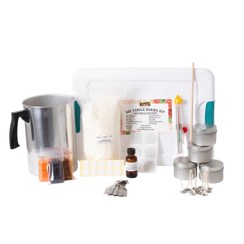 Complete handcrafted soy candle making kit featuring reusable metal tins, soy wax flakes, scented oil, dye chips in multiple colors, thermometer, wick sustainers, stirring stick, and melting pot, ideal for lamps & lighting, candlemaking supplies, and best sellers collections.