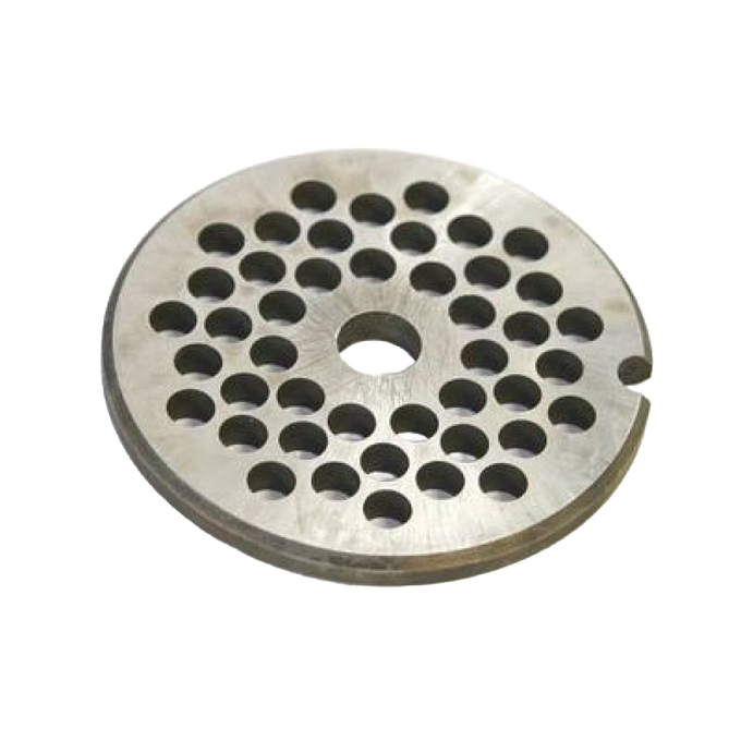 Handcrafted metal chopper plate with circular perforations, made in USA, designed for use with meat grinders, ideal for Kitchen & Food, Specialty Equipment, Butchering Supplies, USA Made, Best Sellers, and Promo Eligible collections.