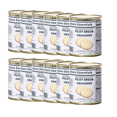 Two rows of metal cans containing vacuum-sealed emergency pilot bread crackers, packed with oxygen absorbers and food-grade desiccants, suitable for farm, garden, kitchen, and emergency supplies.