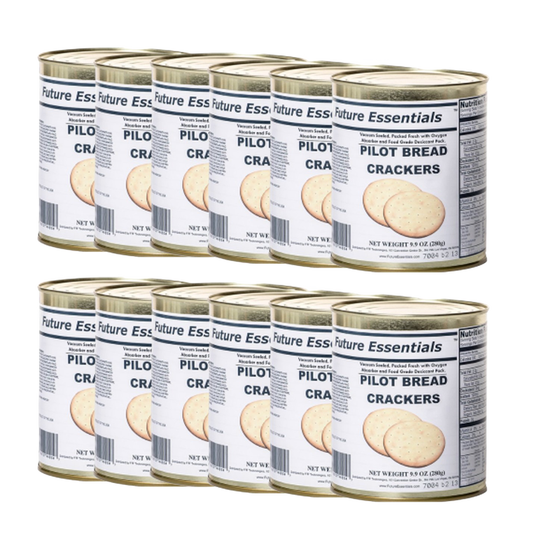 Two rows of metal cans containing vacuum-sealed emergency pilot bread crackers, packed with oxygen absorbers and food-grade desiccants, suitable for farm, garden, kitchen, and emergency supplies.