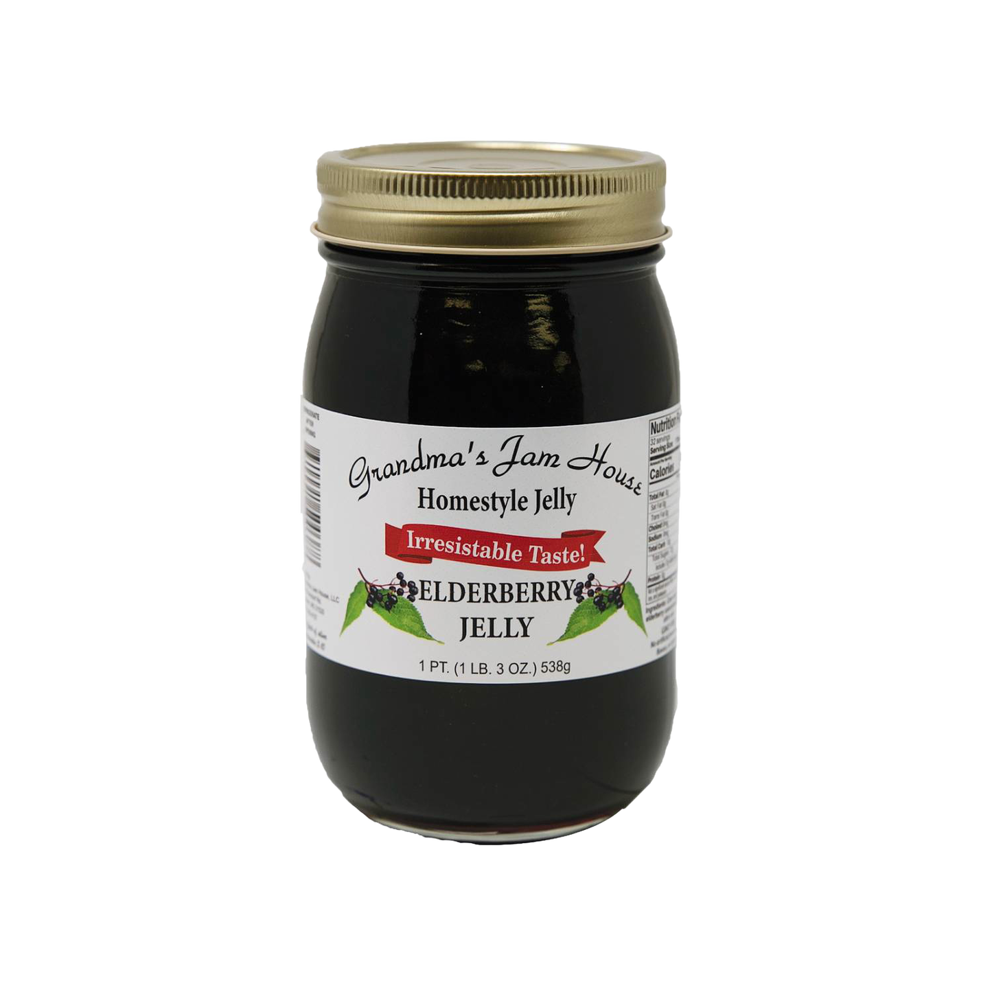 Jar of handcrafted elderberry jelly with gold lid and label featuring elderberries and leaves, made in USA, featured in Kitchen & Food, Pantry, Peanut Butter & Jellies, Best Sellers, and Promo Eligible collections.