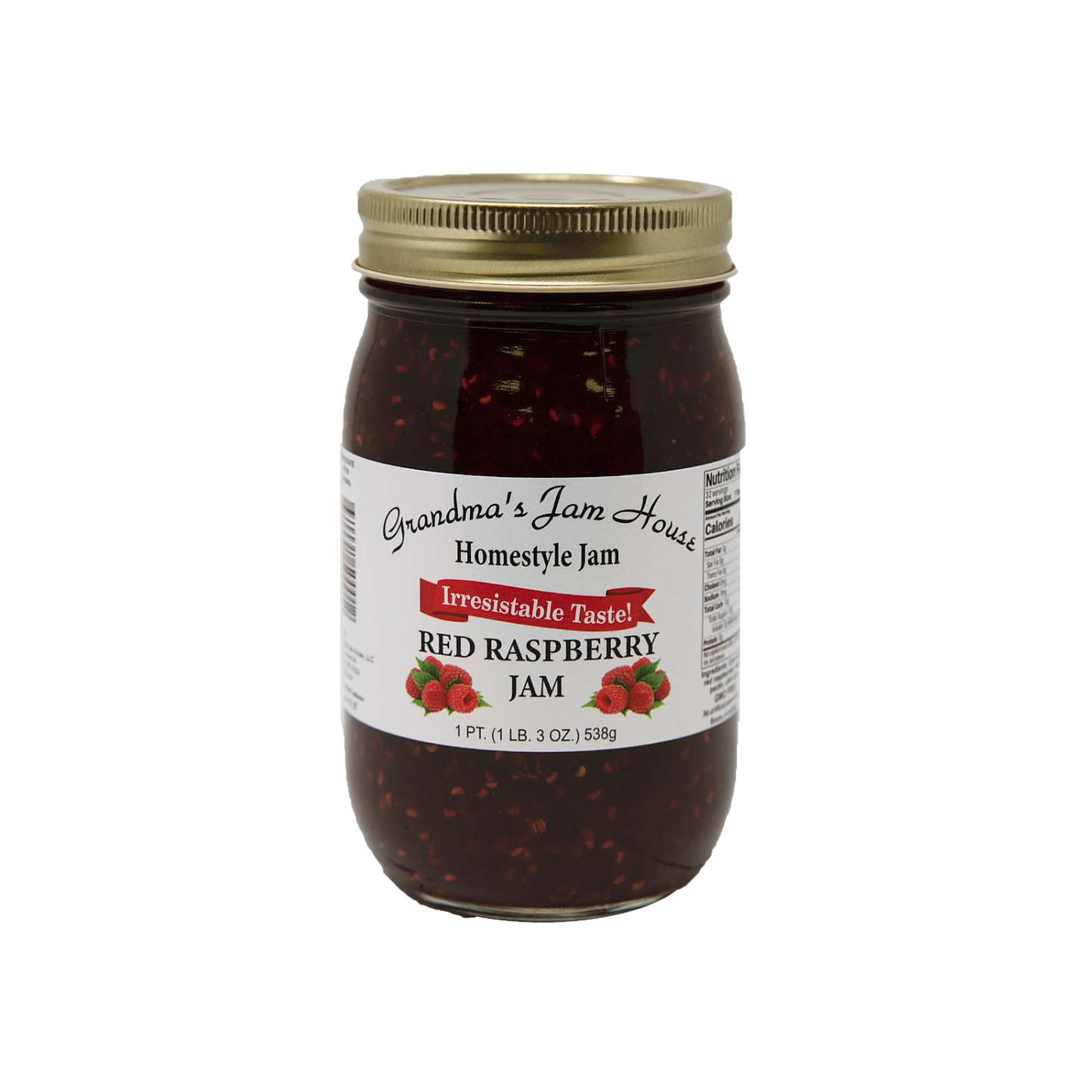 Handcrafted jar of red raspberry jam with gold lid and label showing raspberries and "Irresistable Taste," made in USA, featured in Kitchen & Food, Pantry, Peanut Butter & Jellies, USA Made, Best Sellers, and Promo Eligible collections.