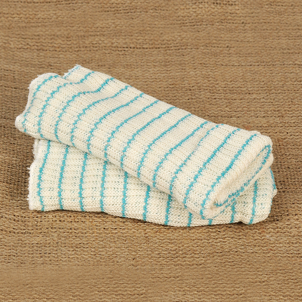 Set of two durable, double-layered dishcloths in white with aqua stripes, made in USA with a thick, absorbent poly-cotton blend, perfect for Kitchen Textiles and Best Sellers collections.